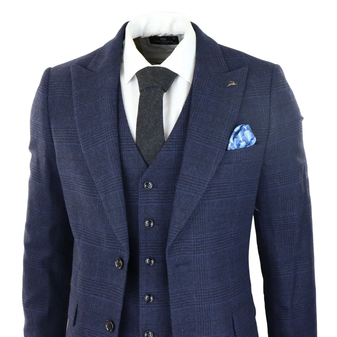 Men's Tweed Wool Check Suit 3 Piece Classic Navy Black