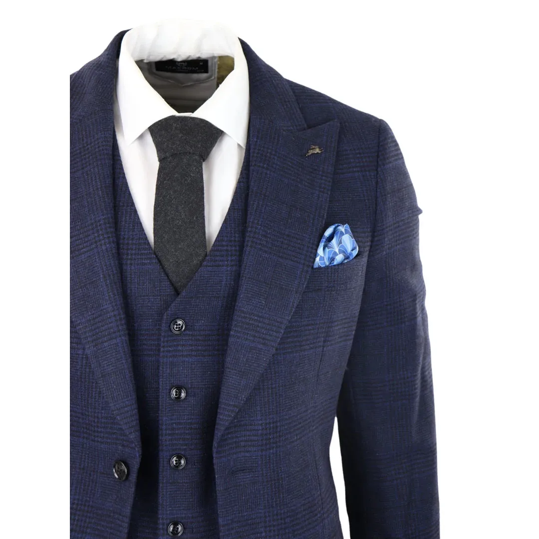 Men's Tweed Wool Check Suit 3 Piece Classic Navy Black