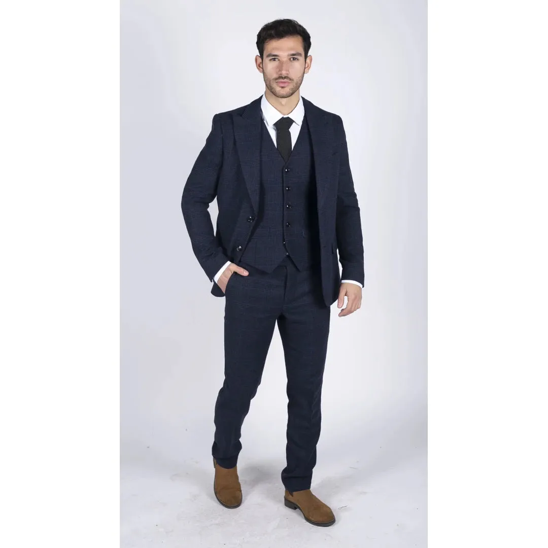 Men's Tweed Wool Check Suit 3 Piece Classic Navy Black