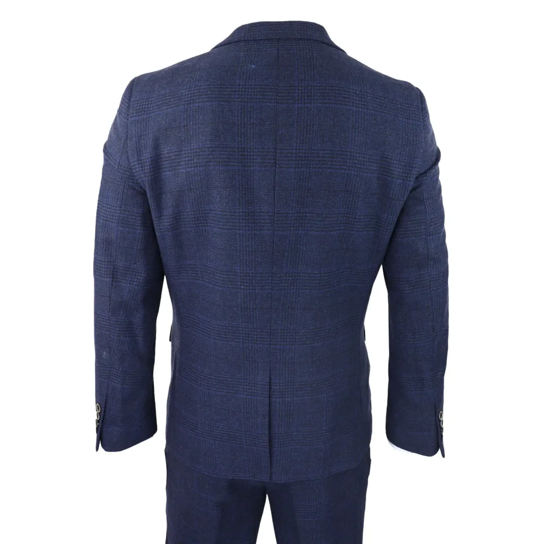 Men's Tweed Wool Check Suit 3 Piece Classic Navy Black