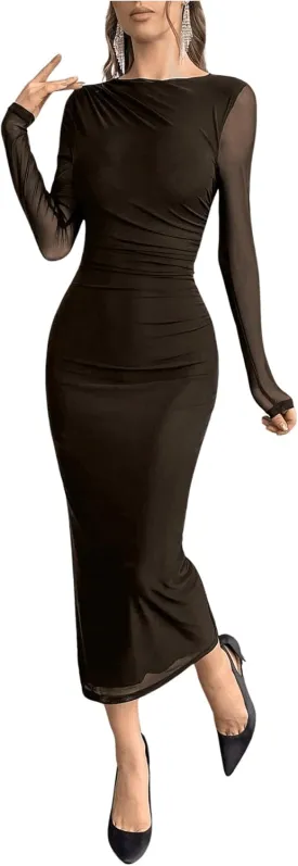 Milumia Women's Ruched Mesh Bodycon Dress Long Sleeve Boat Neck Midi Dresses