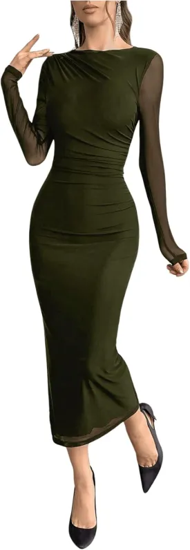 Milumia Women's Ruched Mesh Bodycon Dress Long Sleeve Boat Neck Midi Dresses
