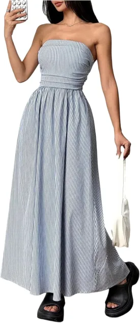 Milumia Women's Striped Strapless Maxi Dress Flared Tube Top Long Dresses with Pocket