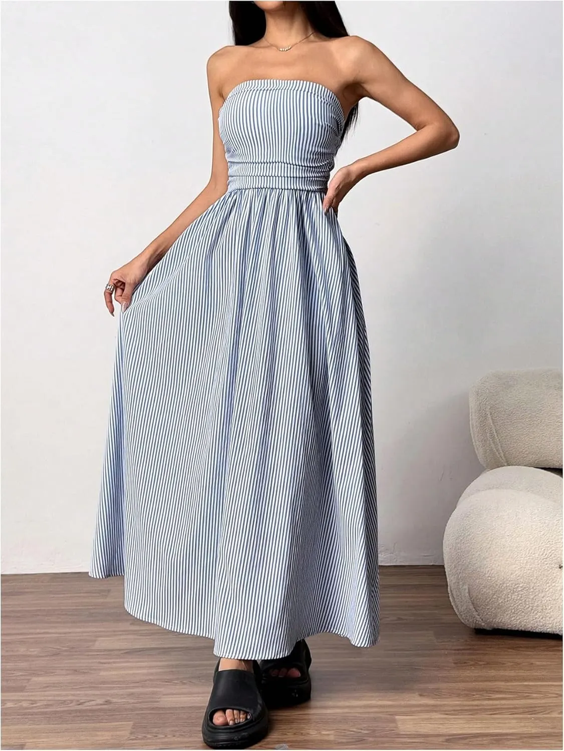 Milumia Women's Striped Strapless Maxi Dress Flared Tube Top Long Dresses with Pocket