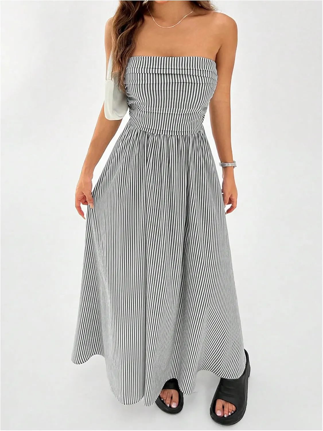 Milumia Women's Striped Strapless Maxi Dress Flared Tube Top Long Dresses with Pocket