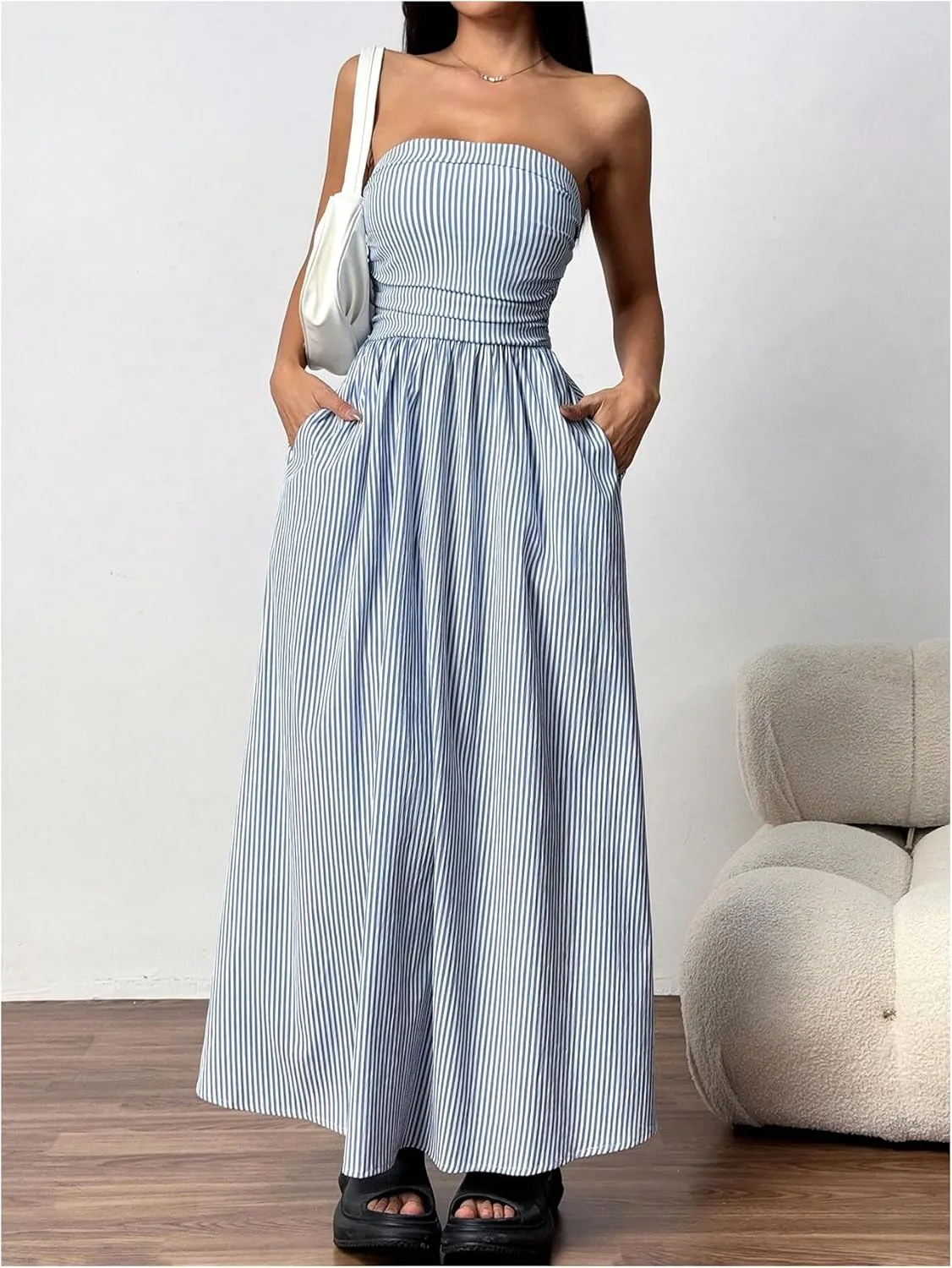 Milumia Women's Striped Strapless Maxi Dress Flared Tube Top Long Dresses with Pocket