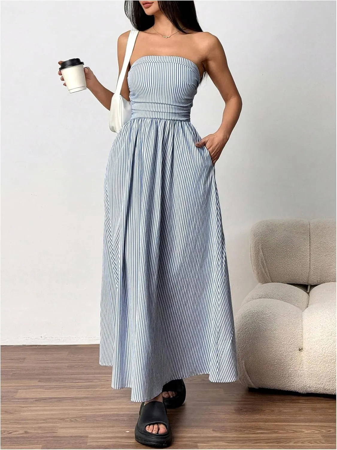 Milumia Women's Striped Strapless Maxi Dress Flared Tube Top Long Dresses with Pocket