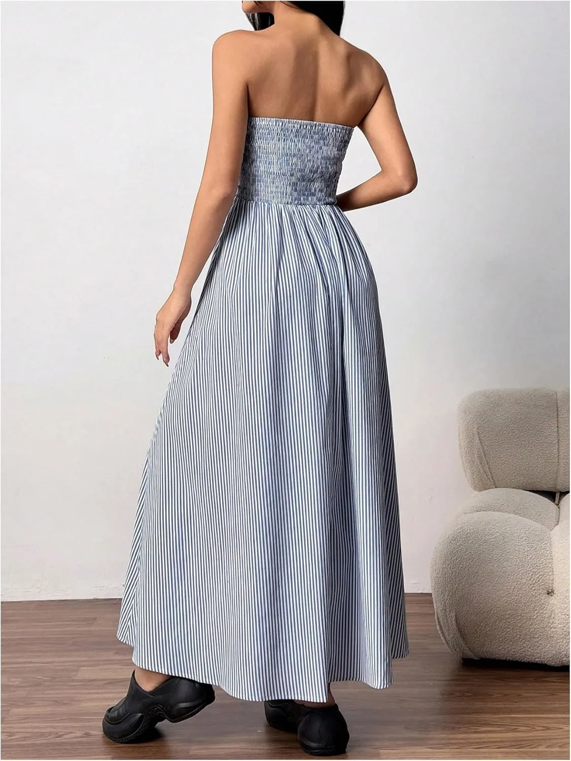 Milumia Women's Striped Strapless Maxi Dress Flared Tube Top Long Dresses with Pocket
