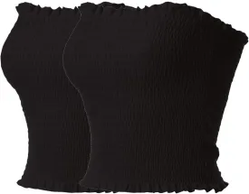 MixMatchy Women's Casual Basic Smocked Tube Tops Stretch Bustier Bandeau Crop Top 2 Pack