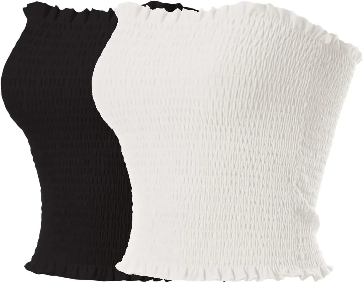MixMatchy Women's Casual Basic Smocked Tube Tops Stretch Bustier Bandeau Crop Top 2 Pack