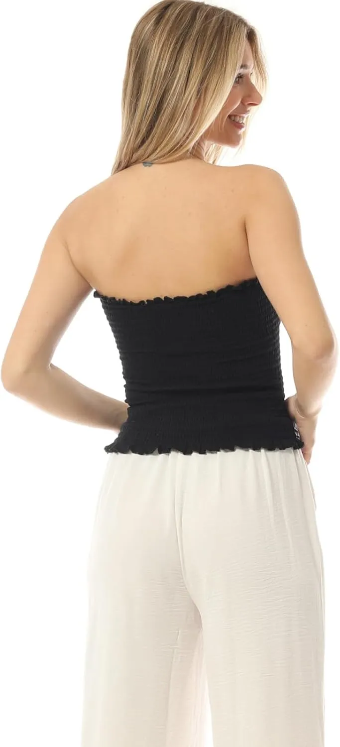 MixMatchy Women's Casual Basic Smocked Tube Tops Stretch Bustier Bandeau Crop Top 2 Pack