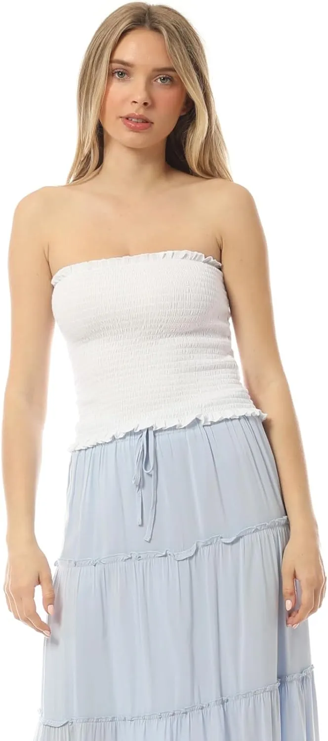 MixMatchy Women's Casual Basic Smocked Tube Tops Stretch Bustier Bandeau Crop Top 2 Pack