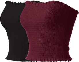 MixMatchy Women's Casual Basic Smocked Tube Tops Stretch Bustier Bandeau Crop Top 2 Pack