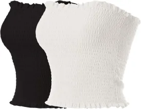MixMatchy Women's Casual Basic Smocked Tube Tops Stretch Bustier Bandeau Crop Top 2 Pack