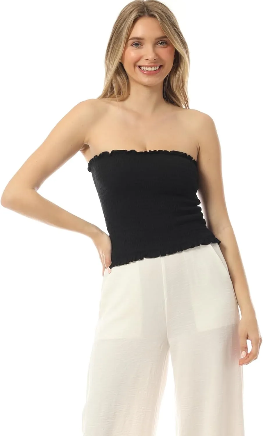 MixMatchy Women's Casual Basic Smocked Tube Tops Stretch Bustier Bandeau Crop Top 2 Pack