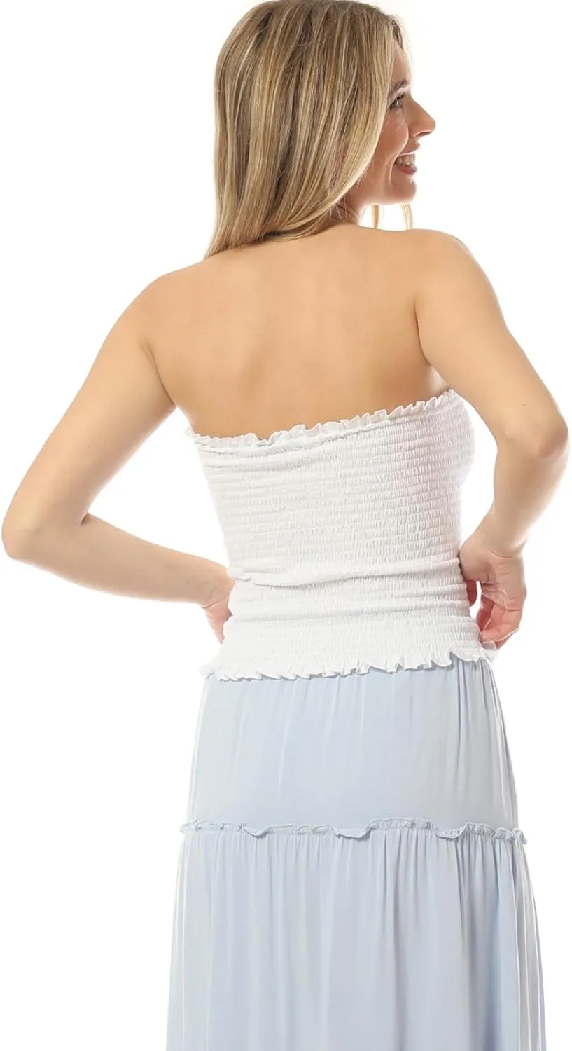 MixMatchy Women's Casual Basic Smocked Tube Tops Stretch Bustier Bandeau Crop Top 2 Pack