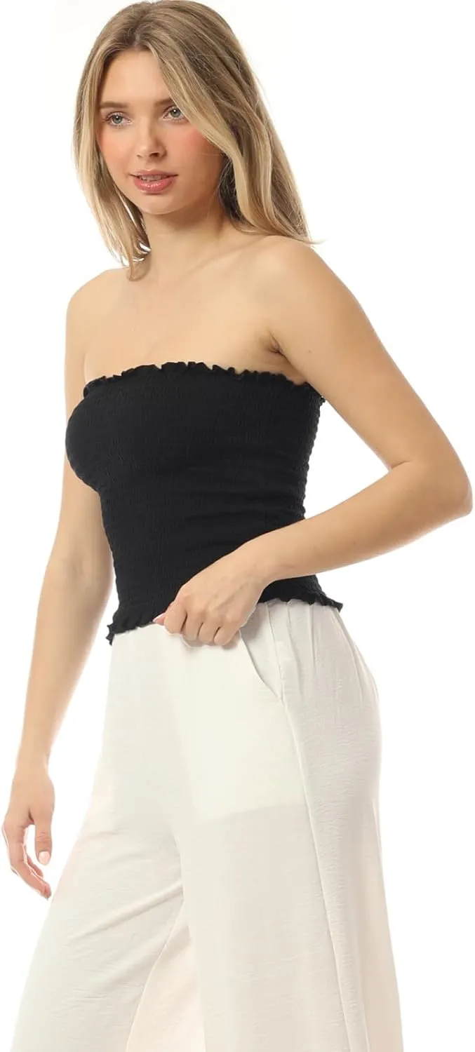 MixMatchy Women's Casual Basic Smocked Tube Tops Stretch Bustier Bandeau Crop Top 2 Pack