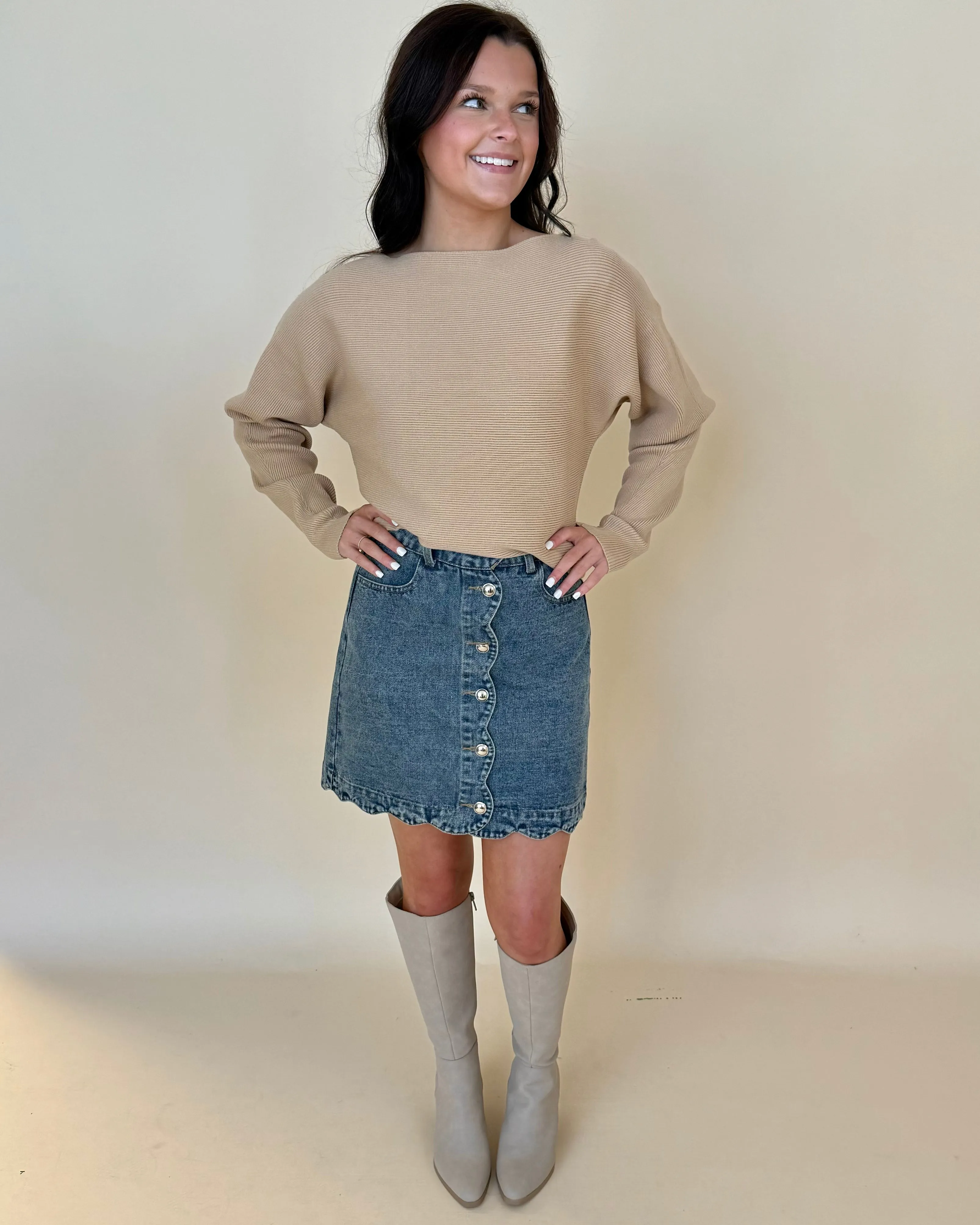 Never Miss Taupe Boat Neck Sweater