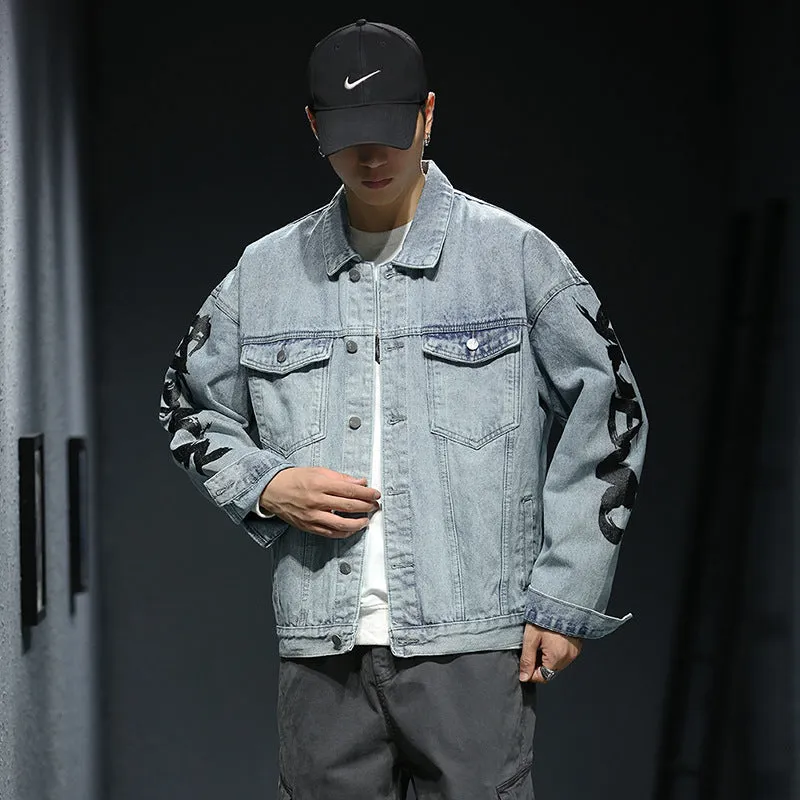 Newest Fashion Printed Denim Jacket Men's Loose Jean Coats