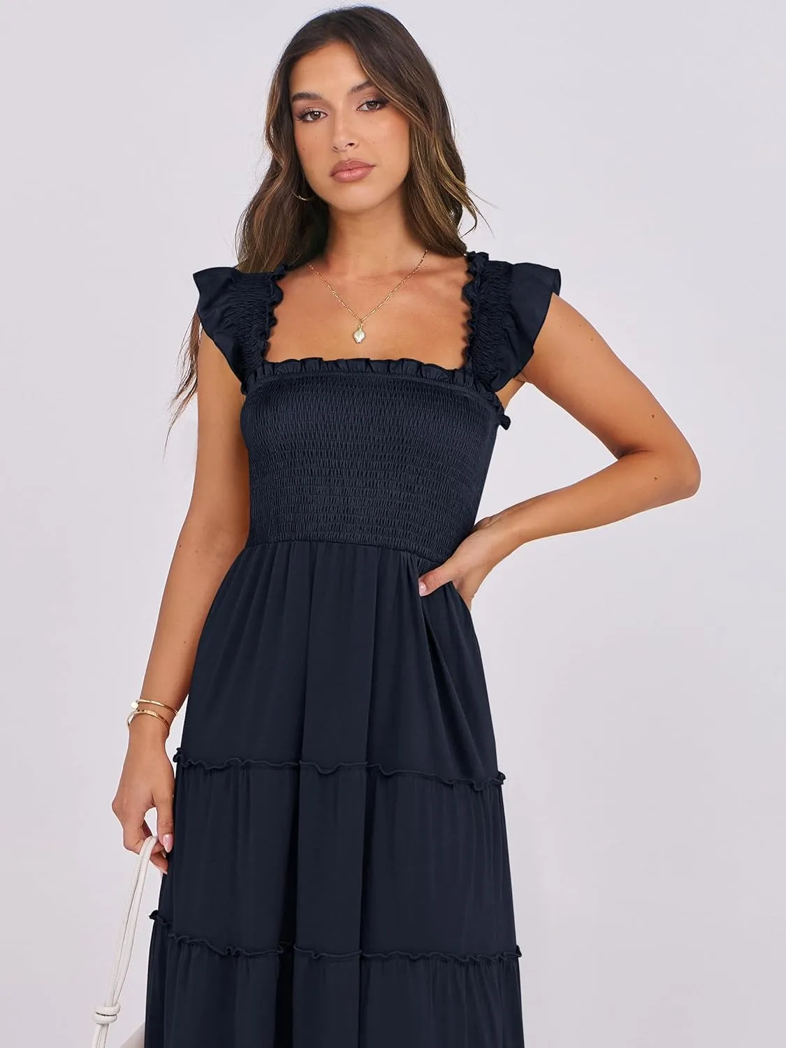 NRABESS Womens Smocked Maxi Dress Summer Casual Ruffle Square Neck Boho Ruffle Flowy A-line Beach Sundress with Pockets