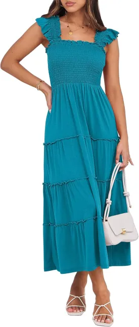 NRABESS Womens Smocked Maxi Dress Summer Casual Ruffle Square Neck Boho Ruffle Flowy A-line Beach Sundress with Pockets