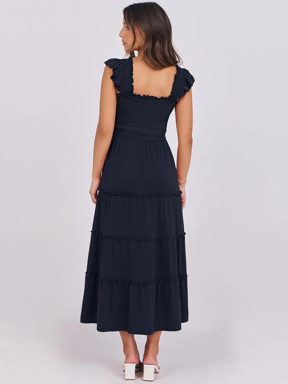 NRABESS Womens Smocked Maxi Dress Summer Casual Ruffle Square Neck Boho Ruffle Flowy A-line Beach Sundress with Pockets