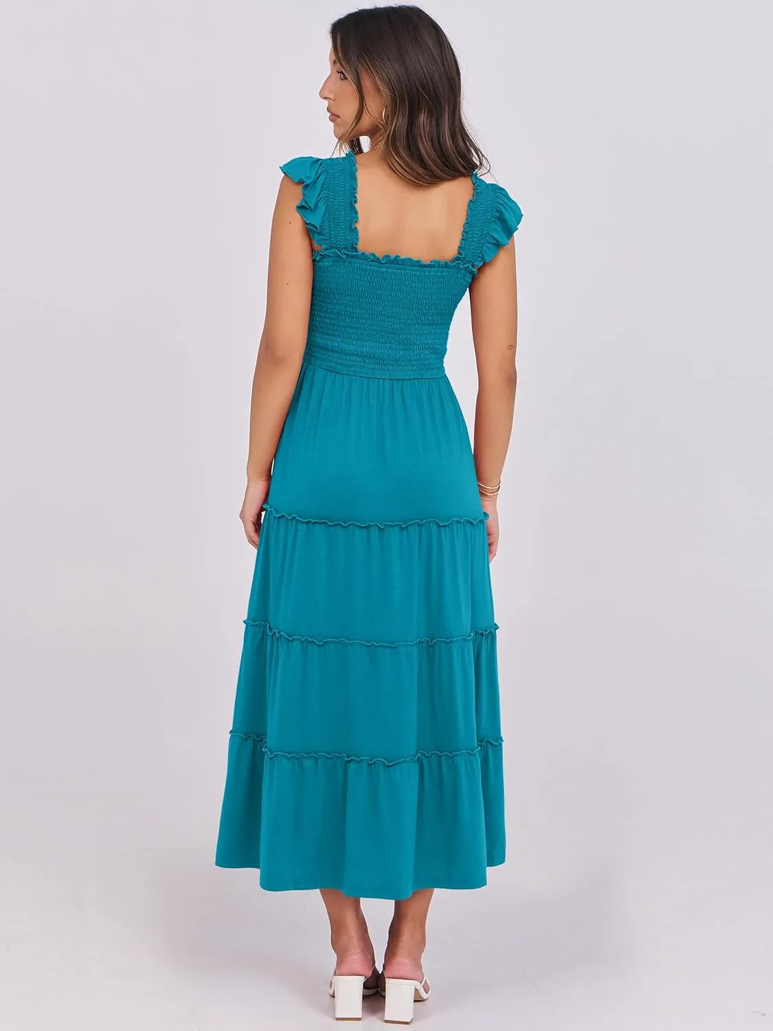 NRABESS Womens Smocked Maxi Dress Summer Casual Ruffle Square Neck Boho Ruffle Flowy A-line Beach Sundress with Pockets