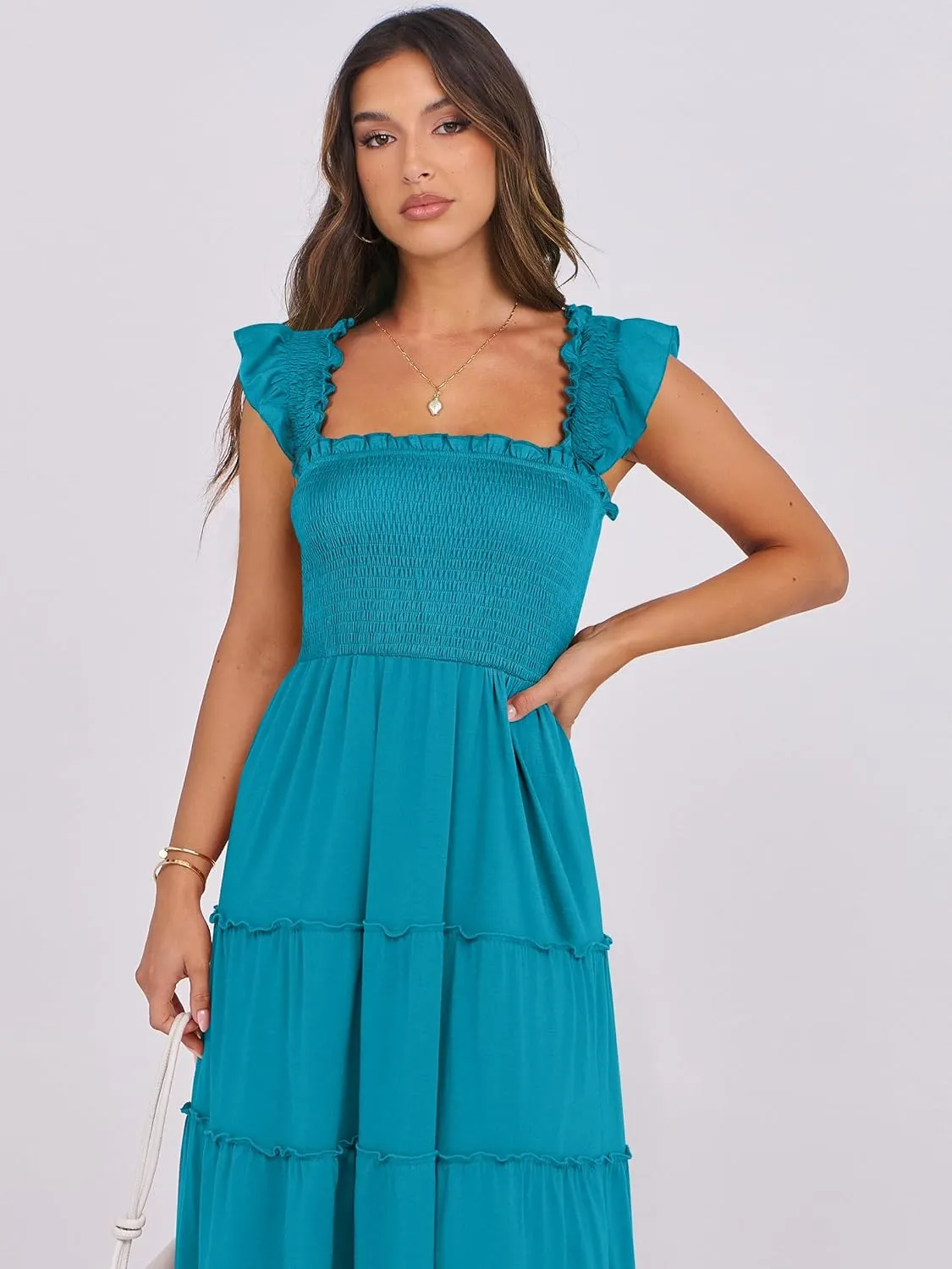 NRABESS Womens Smocked Maxi Dress Summer Casual Ruffle Square Neck Boho Ruffle Flowy A-line Beach Sundress with Pockets