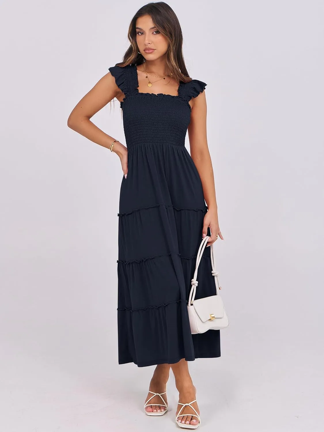 NRABESS Womens Smocked Maxi Dress Summer Casual Ruffle Square Neck Boho Ruffle Flowy A-line Beach Sundress with Pockets