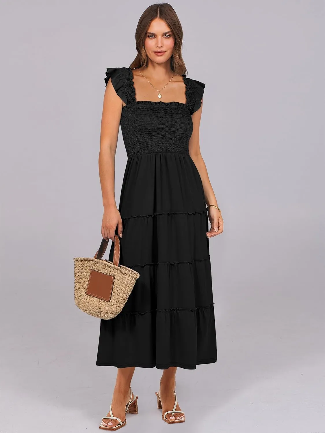 NRABESS Womens Smocked Maxi Dress Summer Casual Ruffle Square Neck Boho Ruffle Flowy A-line Beach Sundress with Pockets
