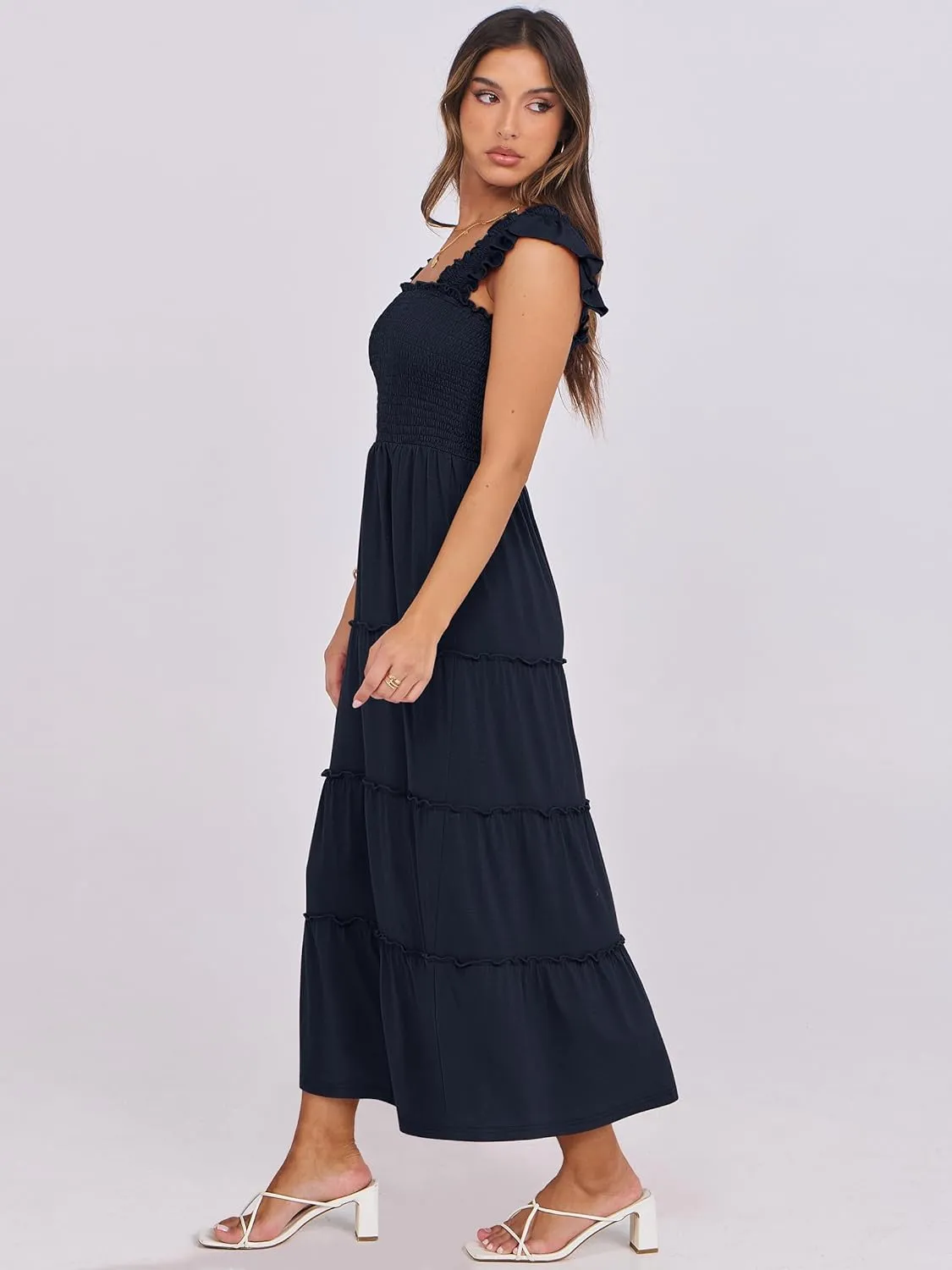 NRABESS Womens Smocked Maxi Dress Summer Casual Ruffle Square Neck Boho Ruffle Flowy A-line Beach Sundress with Pockets