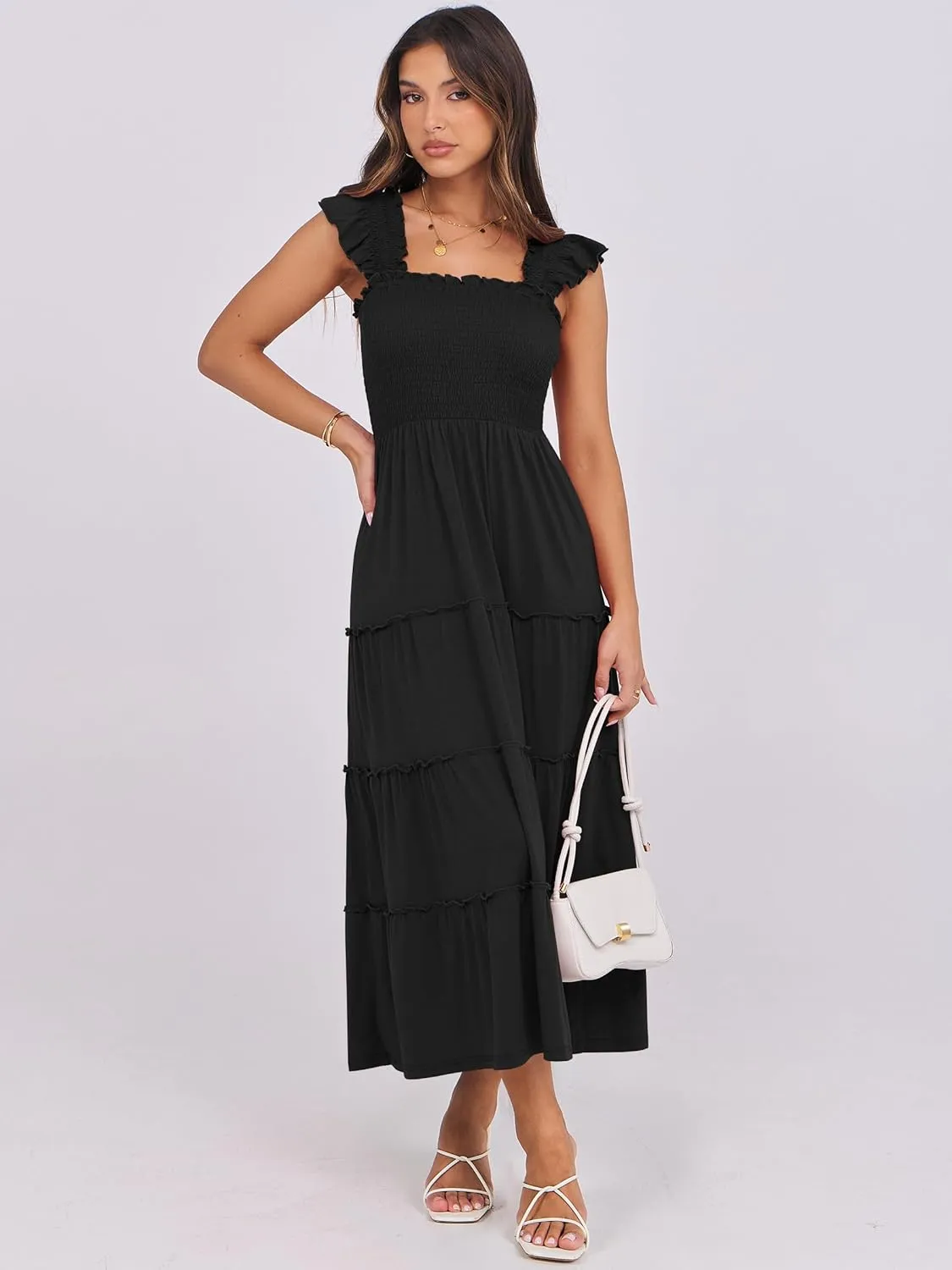 NRABESS Womens Smocked Maxi Dress Summer Casual Ruffle Square Neck Boho Ruffle Flowy A-line Beach Sundress with Pockets