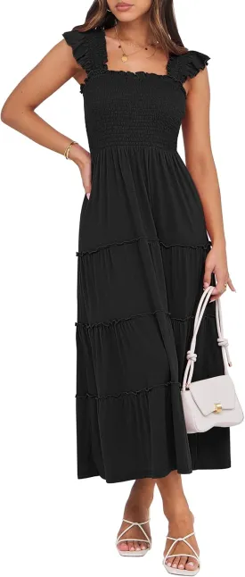 NRABESS Womens Smocked Maxi Dress Summer Casual Ruffle Square Neck Boho Ruffle Flowy A-line Beach Sundress with Pockets