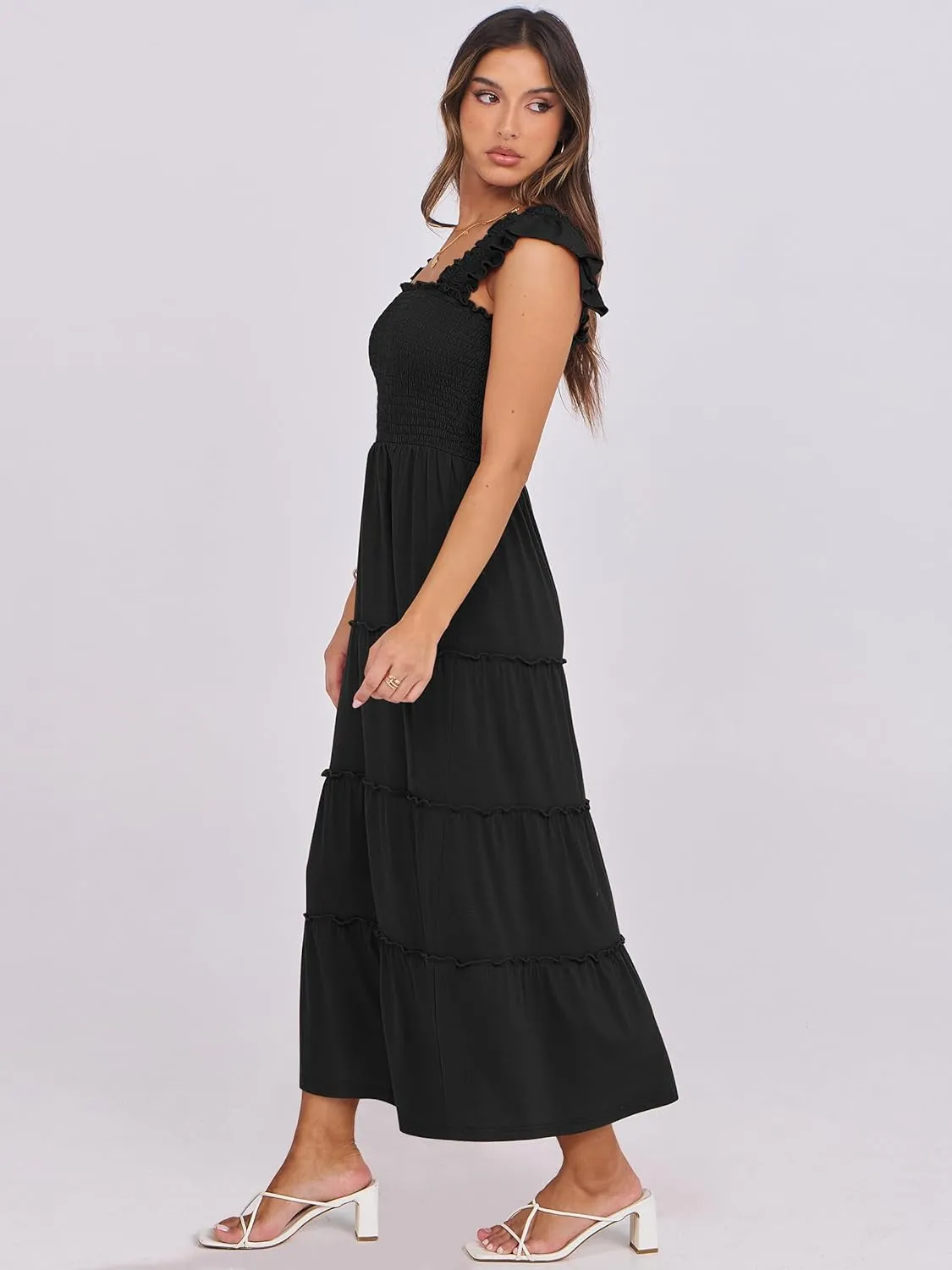 NRABESS Womens Smocked Maxi Dress Summer Casual Ruffle Square Neck Boho Ruffle Flowy A-line Beach Sundress with Pockets