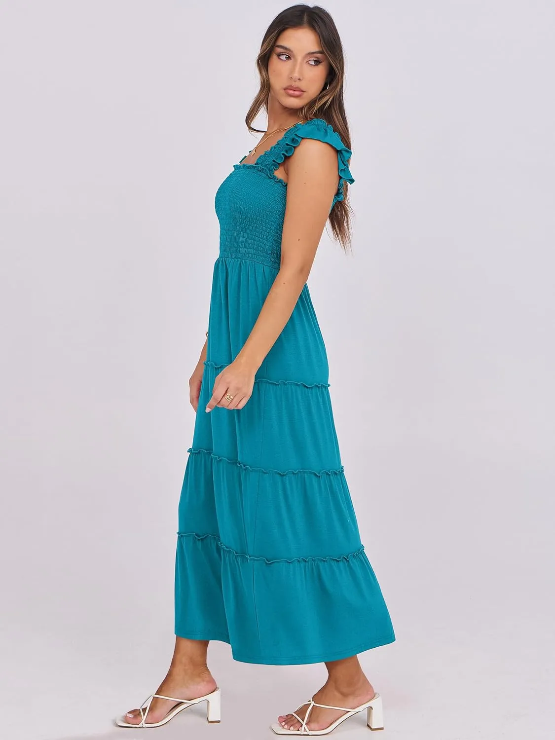 NRABESS Womens Smocked Maxi Dress Summer Casual Ruffle Square Neck Boho Ruffle Flowy A-line Beach Sundress with Pockets