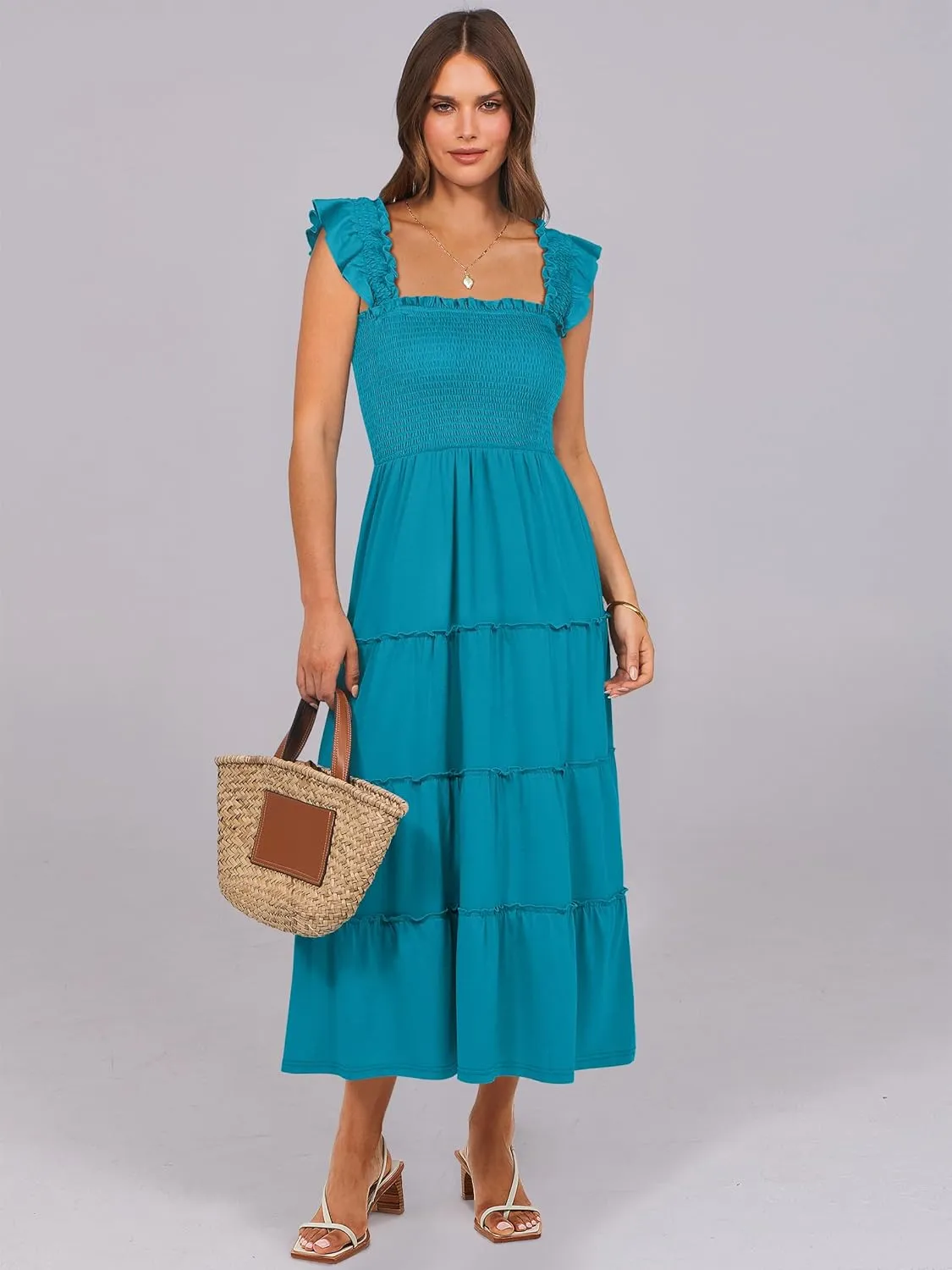 NRABESS Womens Smocked Maxi Dress Summer Casual Ruffle Square Neck Boho Ruffle Flowy A-line Beach Sundress with Pockets