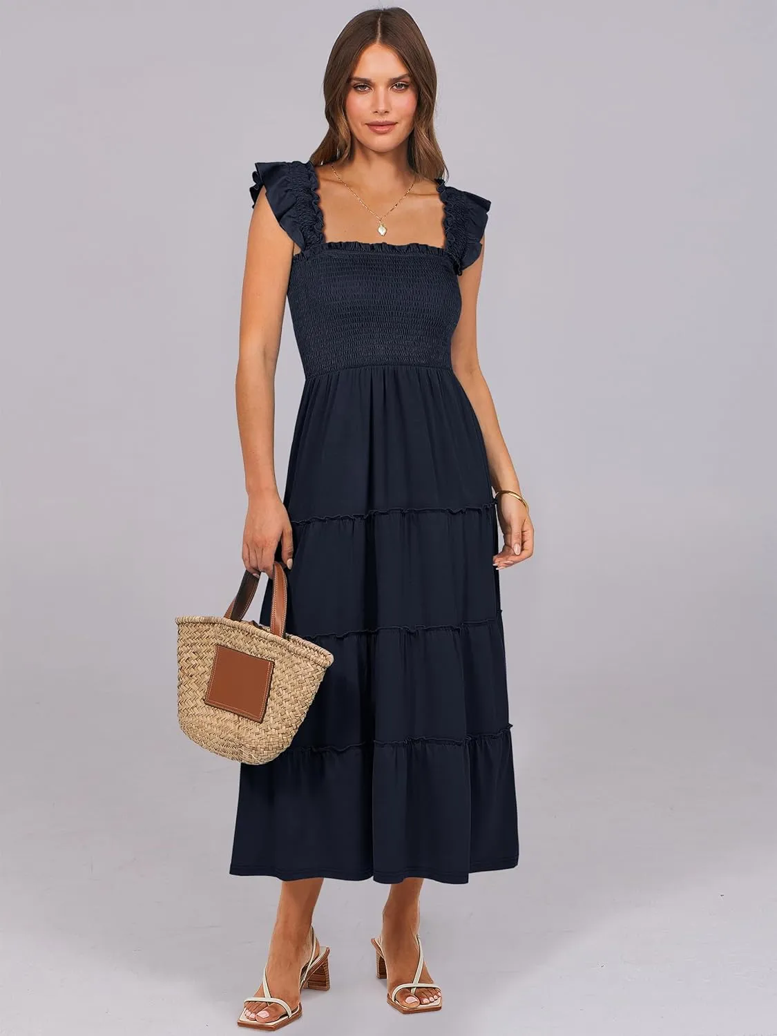 NRABESS Womens Smocked Maxi Dress Summer Casual Ruffle Square Neck Boho Ruffle Flowy A-line Beach Sundress with Pockets