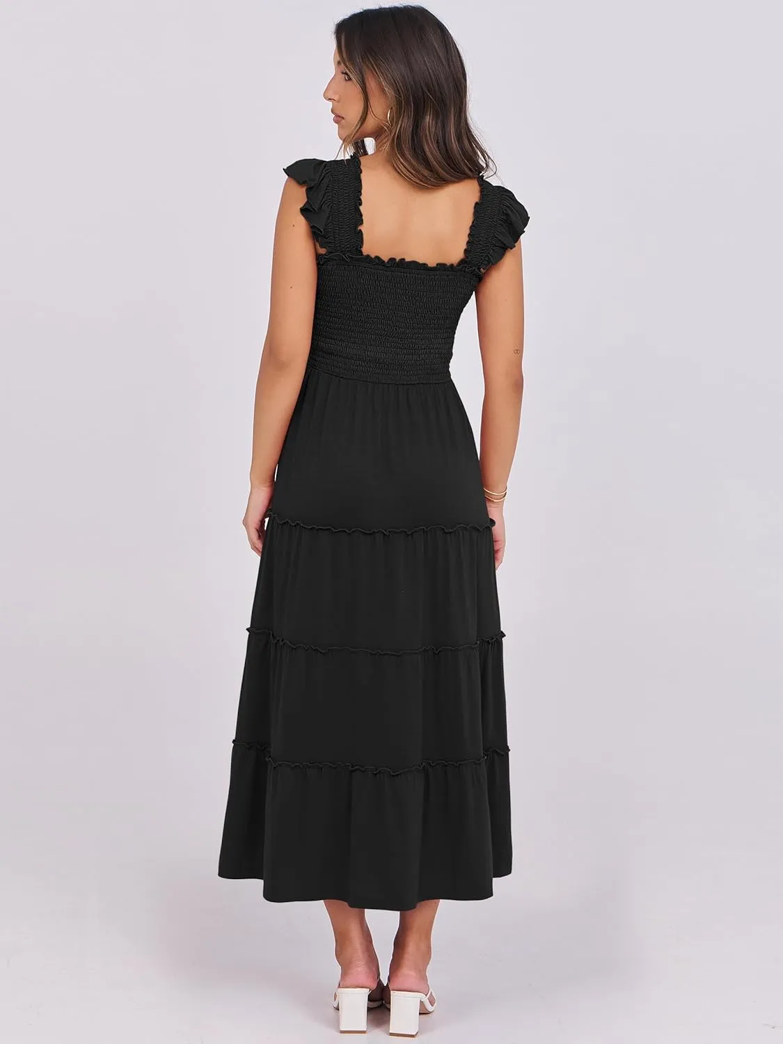NRABESS Womens Smocked Maxi Dress Summer Casual Ruffle Square Neck Boho Ruffle Flowy A-line Beach Sundress with Pockets