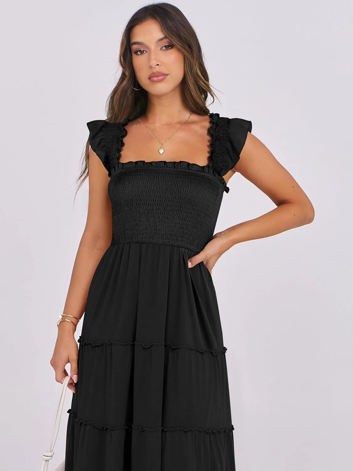NRABESS Womens Smocked Maxi Dress Summer Casual Ruffle Square Neck Boho Ruffle Flowy A-line Beach Sundress with Pockets