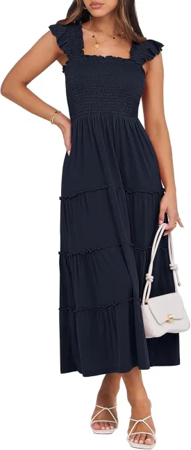 NRABESS Womens Smocked Maxi Dress Summer Casual Ruffle Square Neck Boho Ruffle Flowy A-line Beach Sundress with Pockets