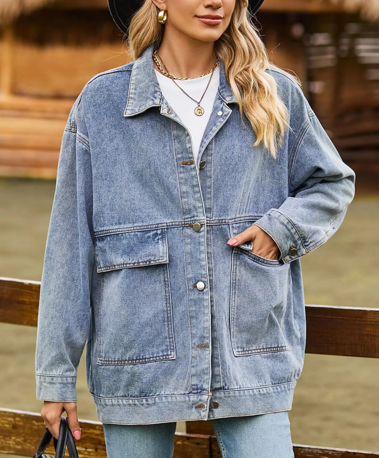 PAODIKUAI Women's Oversized Denim Jacket Casual Long Sleeve Vintage Jean Jacket Top Coat with Pockets
