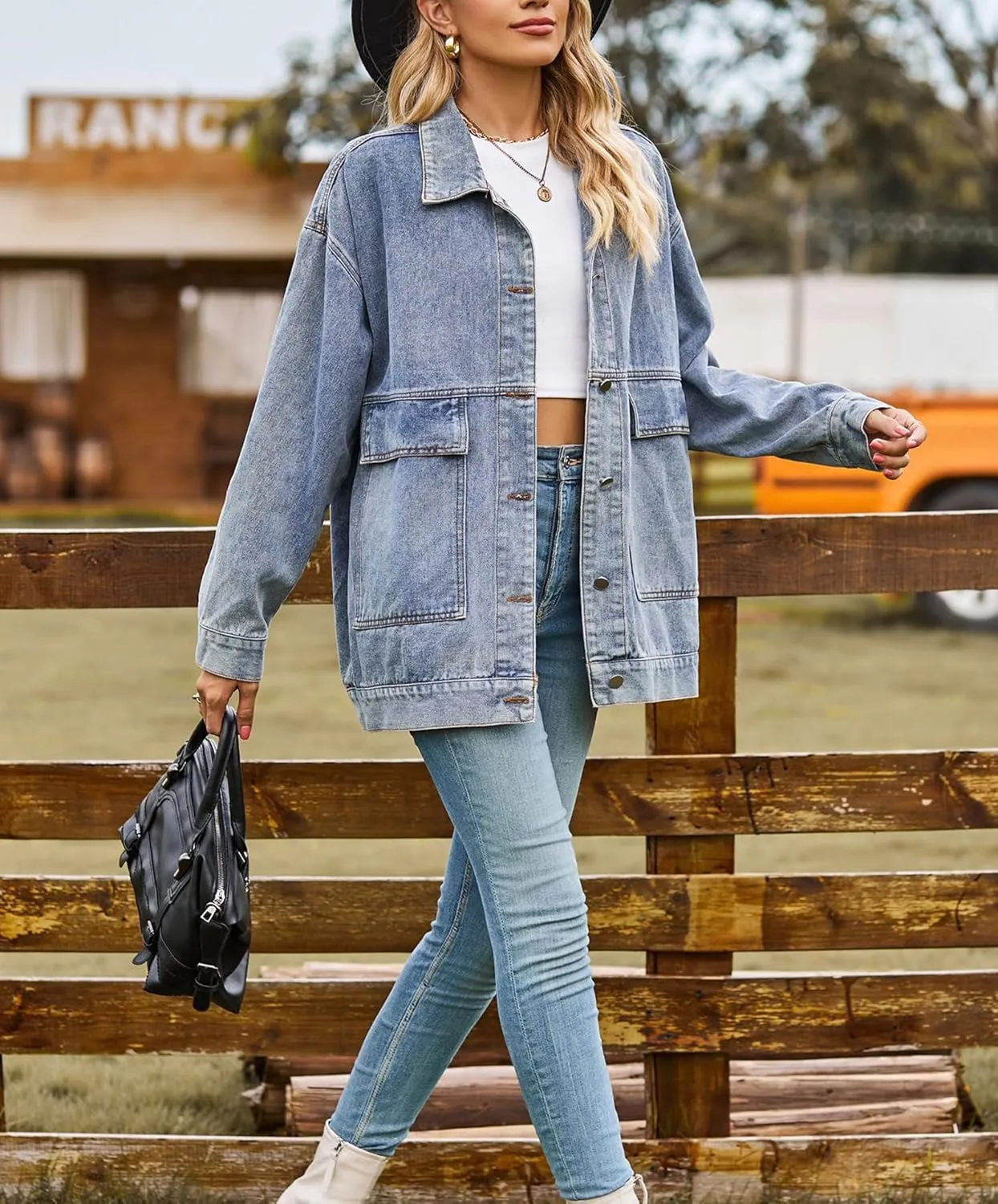 PAODIKUAI Women's Oversized Denim Jacket Casual Long Sleeve Vintage Jean Jacket Top Coat with Pockets
