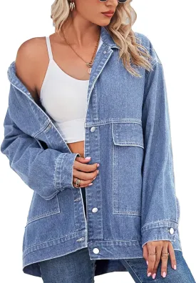 PAODIKUAI Women's Oversized Denim Jacket Casual Long Sleeve Vintage Jean Jacket Top Coat with Pockets