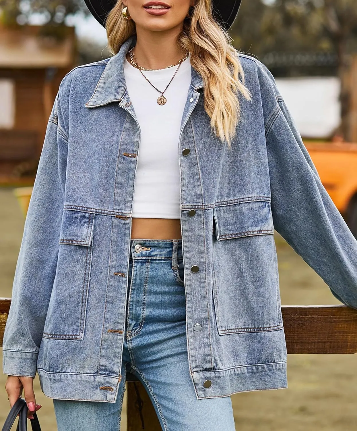 PAODIKUAI Women's Oversized Denim Jacket Casual Long Sleeve Vintage Jean Jacket Top Coat with Pockets