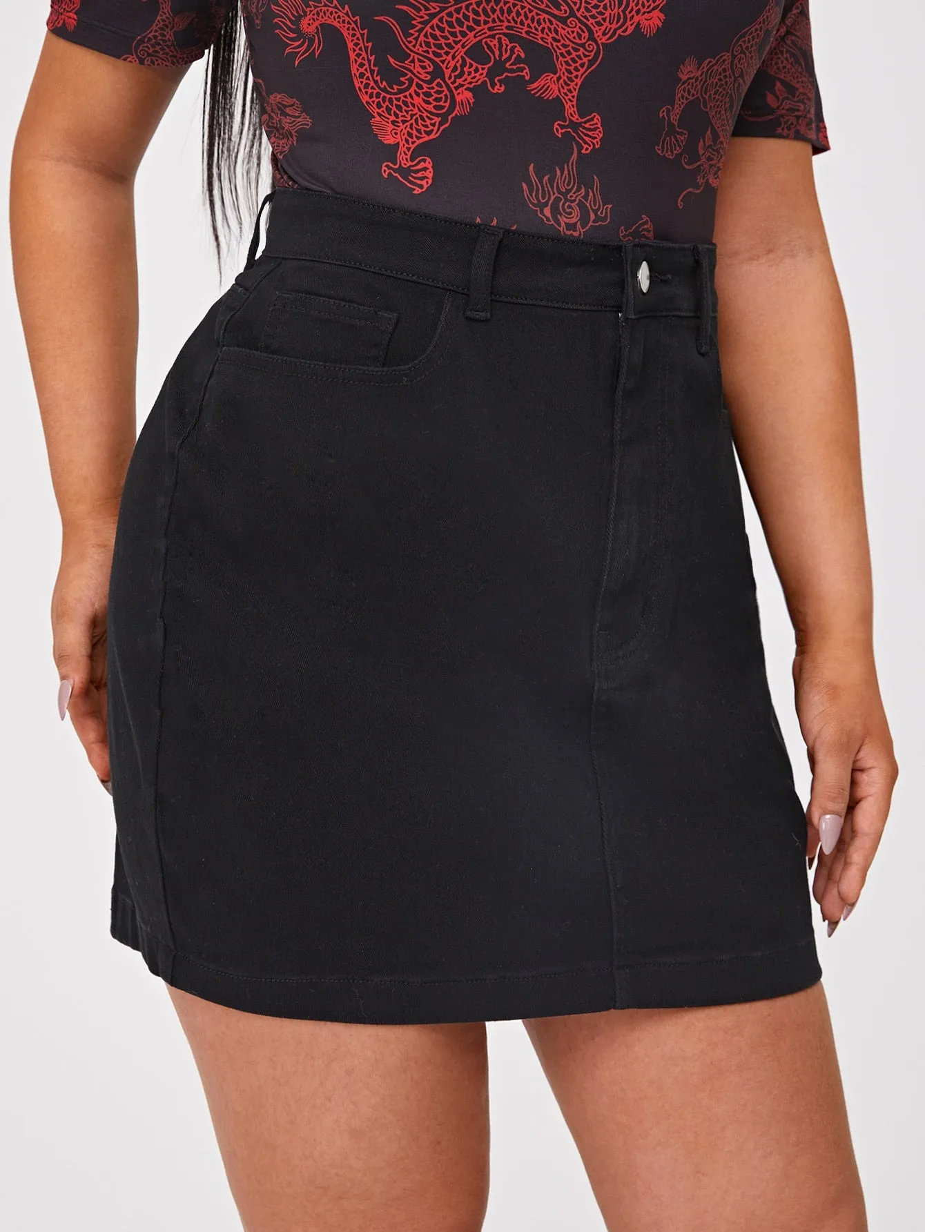 Plain Pocket High Waist Short Plus Size Denim Skirt
