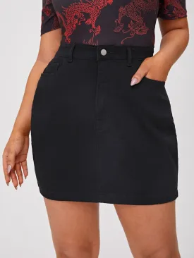 Plain Pocket High Waist Short Plus Size Denim Skirt