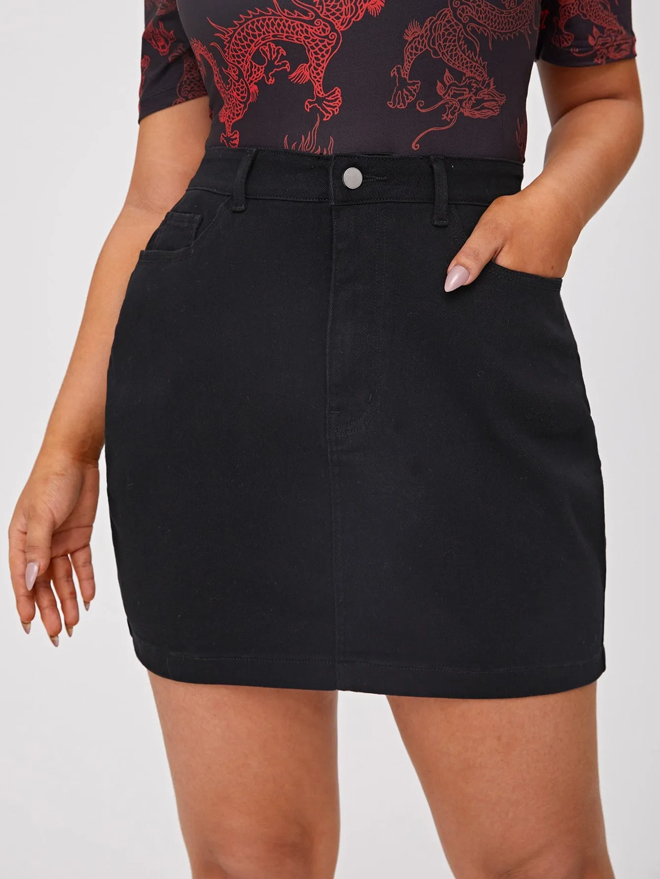 Plain Pocket High Waist Short Plus Size Denim Skirt
