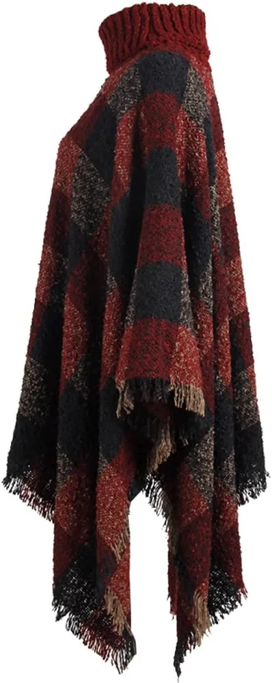 QZUnique Women's Turtleneck Poncho Sweater Knit Cape Pullover Shawl Wrap Dress Ponchos Tassels
