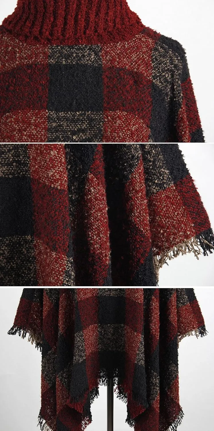 QZUnique Women's Turtleneck Poncho Sweater Knit Cape Pullover Shawl Wrap Dress Ponchos Tassels