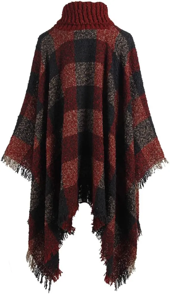 QZUnique Women's Turtleneck Poncho Sweater Knit Cape Pullover Shawl Wrap Dress Ponchos Tassels
